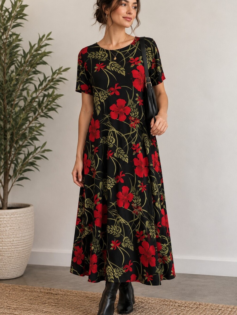 Vintage Dark Romantic Shift Dress Size L Black Red Very Stretchy Slinky Knit